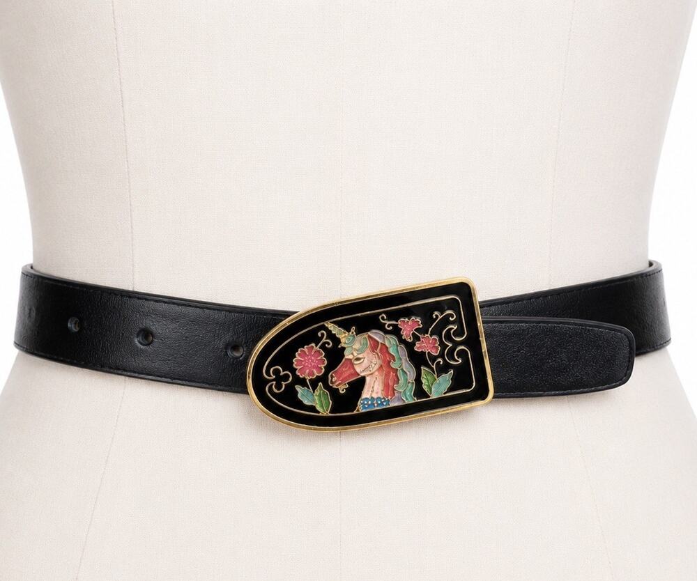Vintage Cloisonne Unicorn Belt Black Leather Skinny Belt Enamel Buckle Womens S